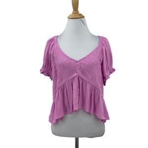 BP Babydoll Shirred Crop Top Womens L Purple Tulip Ruched Puff Sleeve Peplum